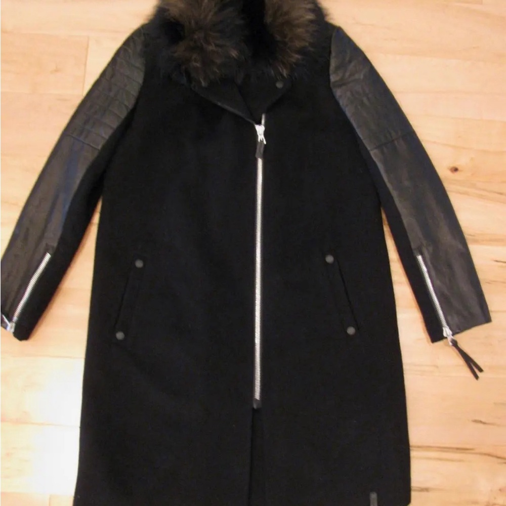 Rudsak Messina Wool/Cashmere and Leather coat - real fur collar sz XS
